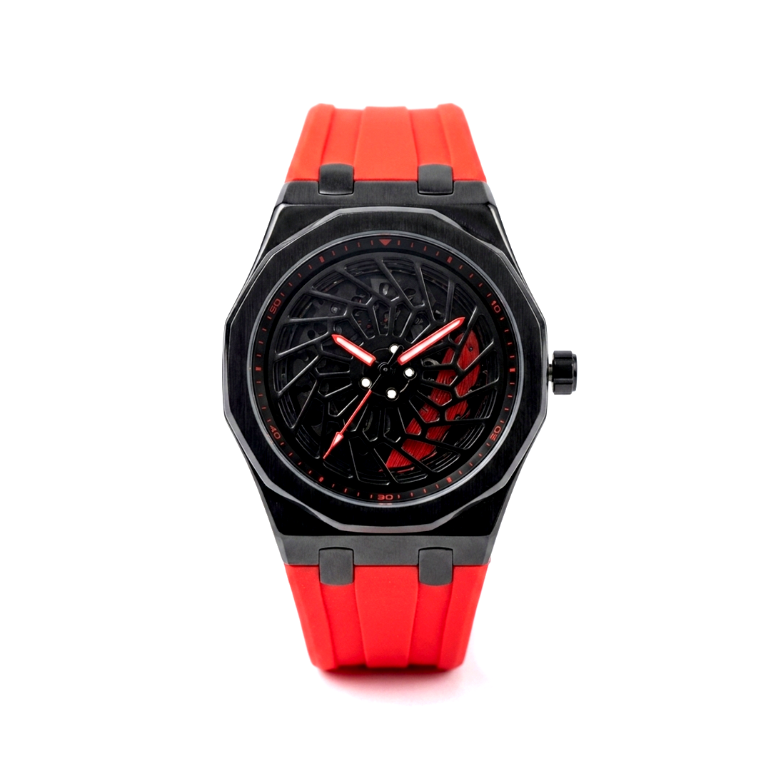 Spin Wheel Watch Black Red Skeleton Dial 45mm