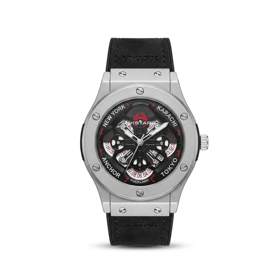 HB Inspired Leather Strap 45mm World Time Dial - Black