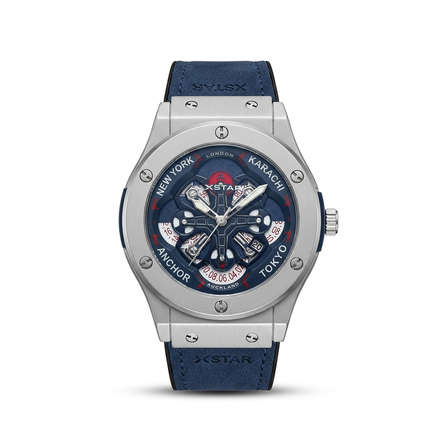 HB Inspired Leather Strap 45mm World Time Dial - Blue